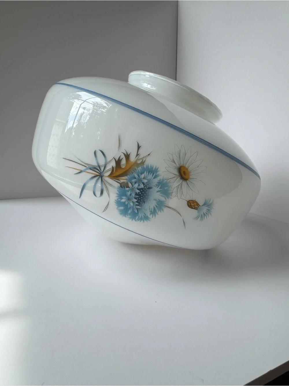 Antique Milky White Glass Round Floral Blue Daisy Ceiling Light Fixture Vintage